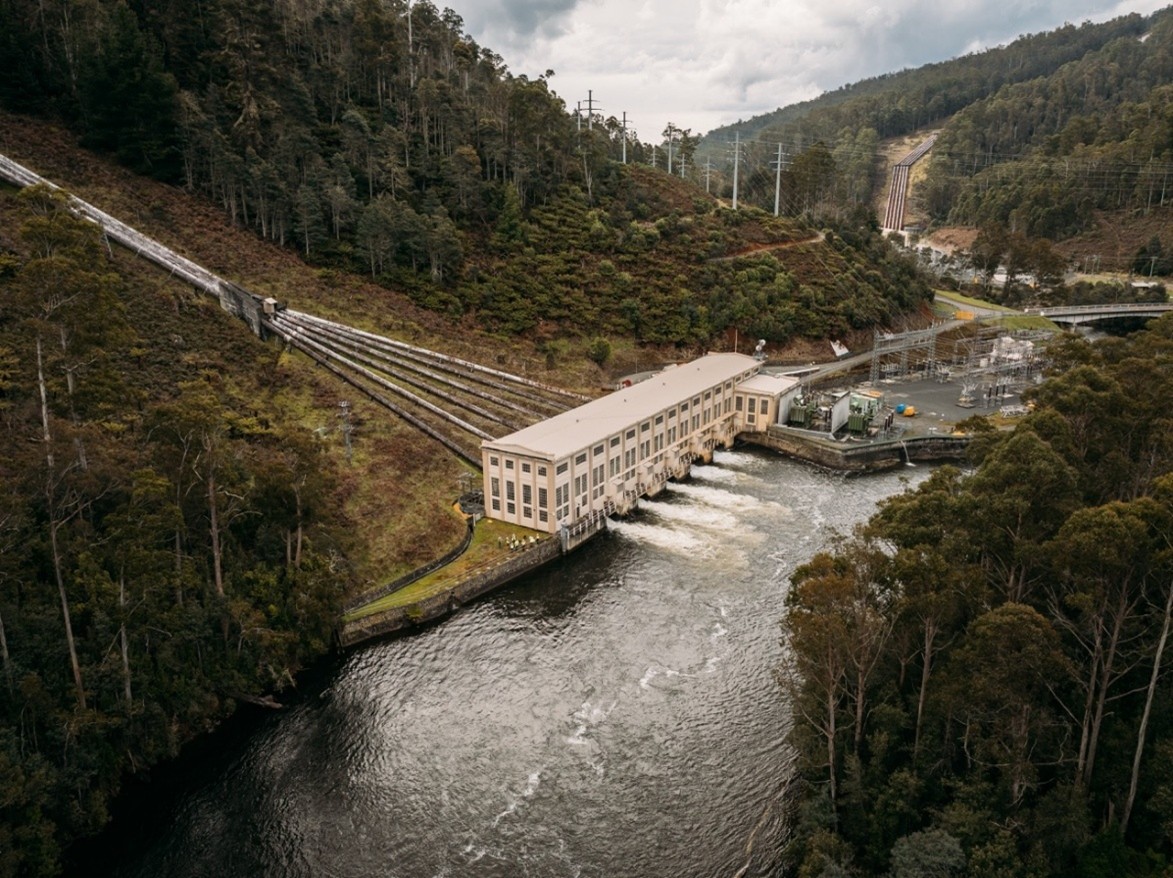 The iconic Tarraleah Power Station, with Tungatinah Power Station and penstocks in the background.