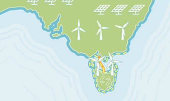 Animated image of South-East Australia, depicting interconnection between Tasmania and Victoria in yellow, and wind farms, solar and hydropower icons shown.