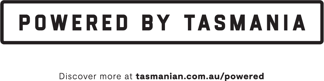 Logo that states &quot;POWERED BY TASMANIA, Discover more at Tasmanian.com.au/powered