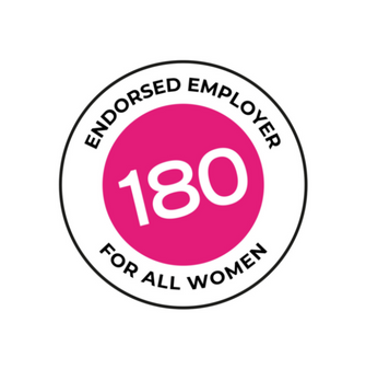 Work180 endorsement badge, reads &quot;Endorsed employer for all women&quot;