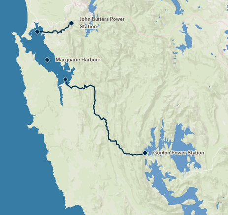 A map showing the distance between Macquarie Harbour and Hydro Tasmania's Gordon and John Butters Power Stations.